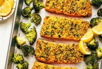 One-Pan Crispy Honey Mustard Salmon and Roasted Broccoli