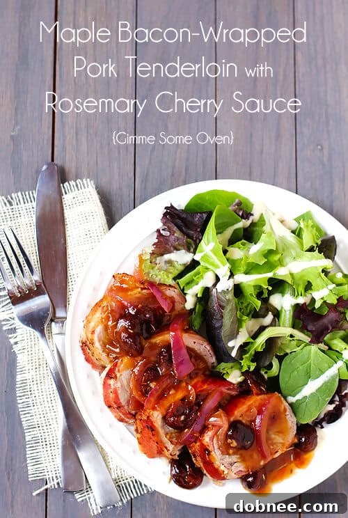 Close up of sliced Maple Bacon-Wrapped Pork Tenderloin with Rosemary Cherry Sauce