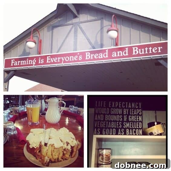 Bloggers enjoying a hearty Midwest breakfast at The Machine Shed in Iowa, featuring enormous cinnamon rolls and crispy bacon.