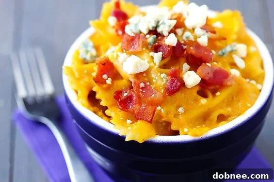 A dish of Butternut Squash, Bacon & Blue Cheese Macaroni & Cheese.