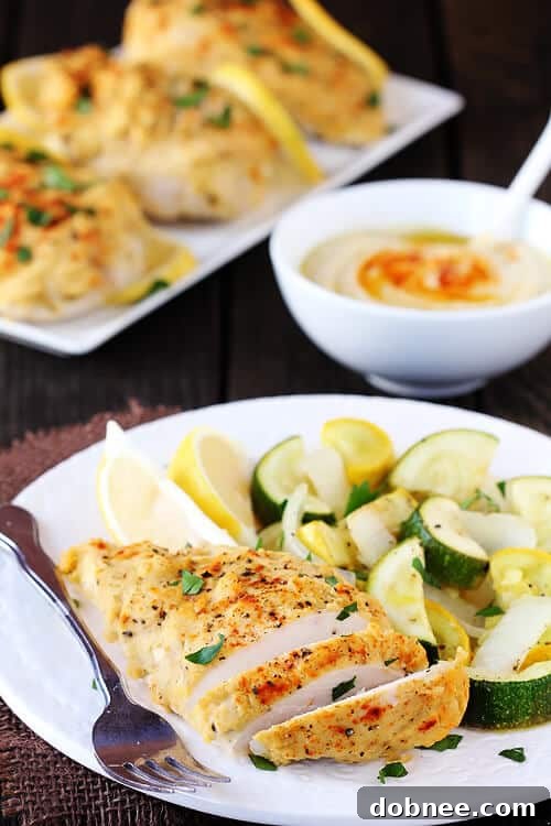 Easy Hummus-Crusted Chicken | gimmesomeoven.com Two pieces of golden hummus-crusted chicken on a plate with fresh lemon slices and a sprig of rosemary