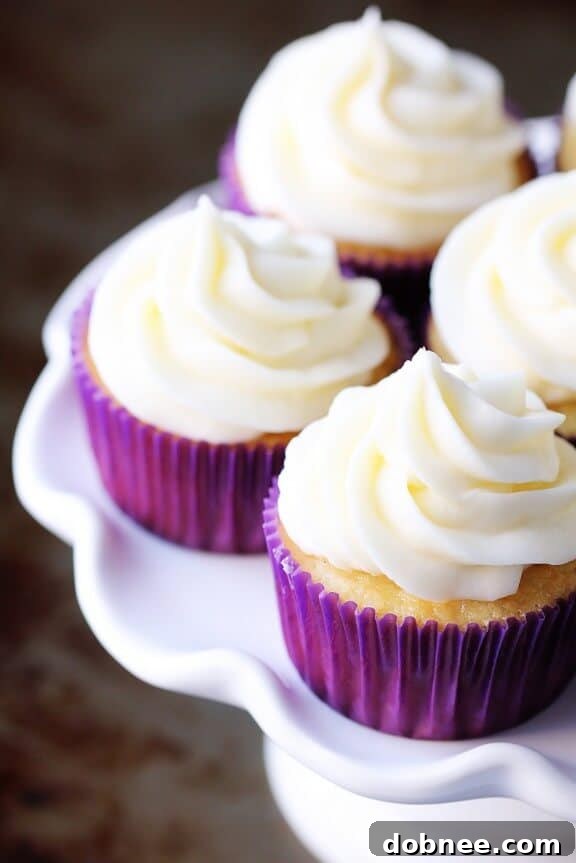 A row of pristine white vanilla cupcakes with swirls of buttercream, ready to be enjoyed.