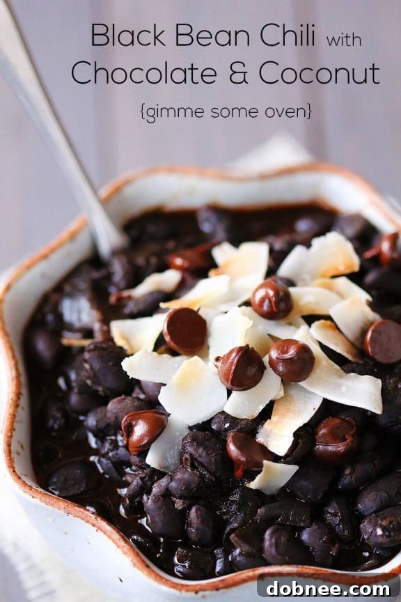 Velvet Black Bean Chili With Chocolate and Coconut 6 Close-up shot of Black Bean Chili, showcasing its texture and delicious toppings