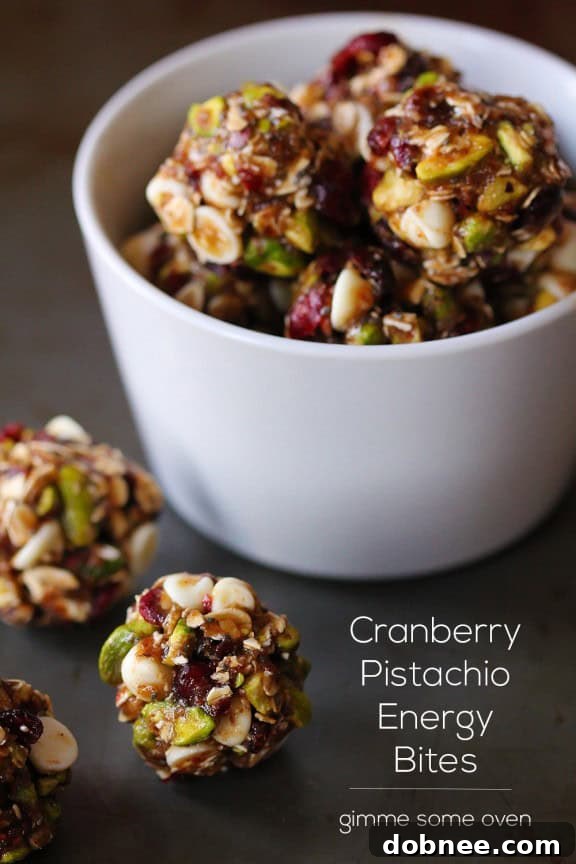 Cranberry Pistachio Energy Bites for a Quick Snack Close-up of freshly made Cranberry Pistachio Energy Bites ready to be served.