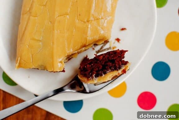 Close-up of a slice of Chocolate Peanut Butter Sheet Cake showing moist cake and rich icing