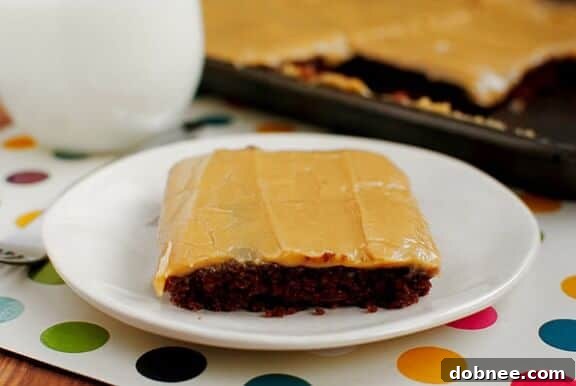 Chocolate Peanut Butter Sheet Cake sliced and ready to serve on a rustic wooden board