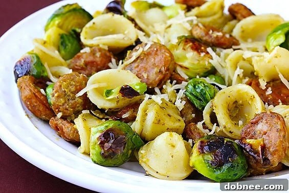 Pesto Pasta with Chicken Sausage & Roasted Brussels Sprouts, a simple and flavorful dinner recipe
