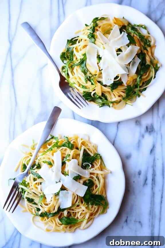 A closer look at Linguine with Arugula, Garlic, and Parmesan pasta ready to serve