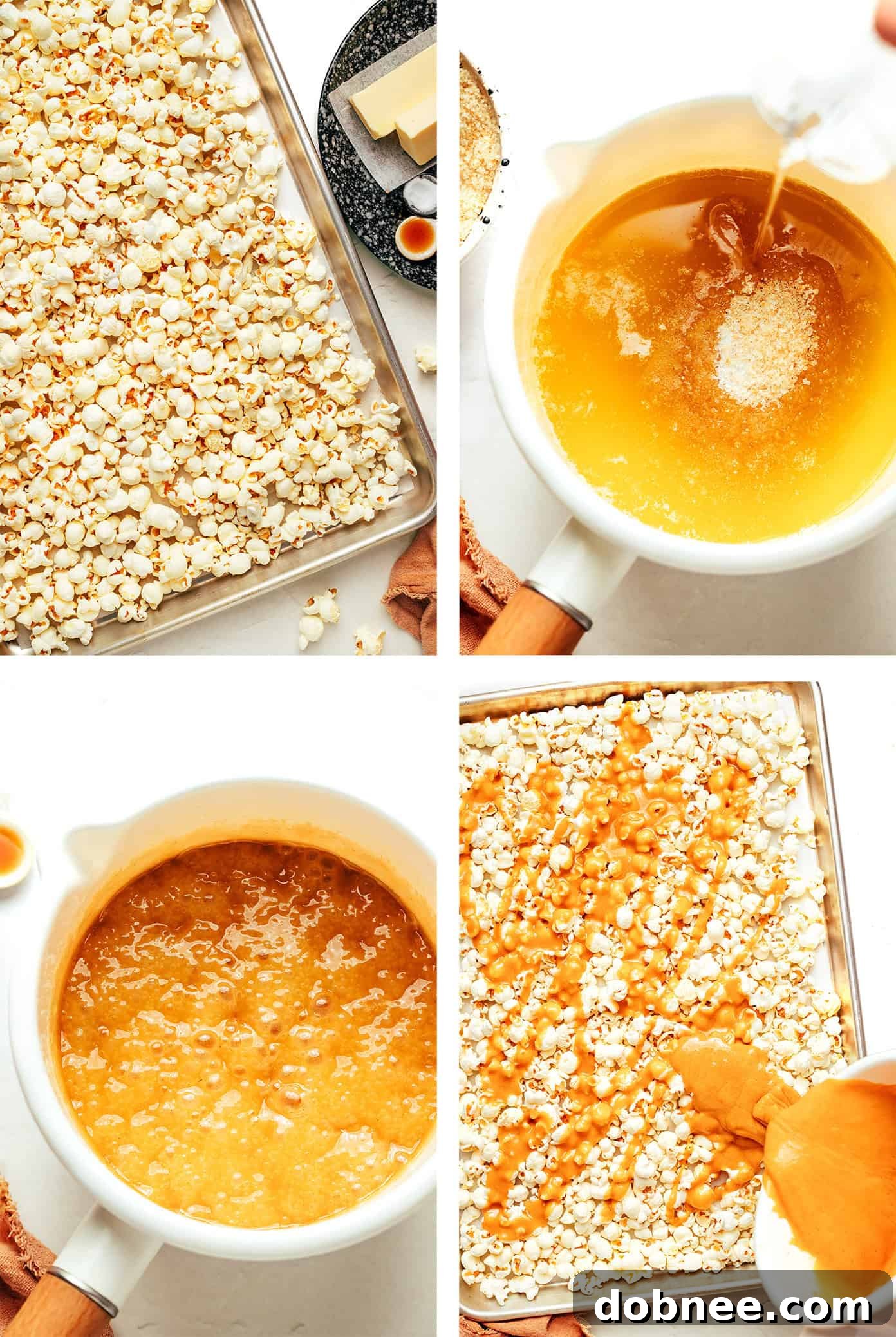 A baking sheet filled with caramel-coated popcorn before baking.