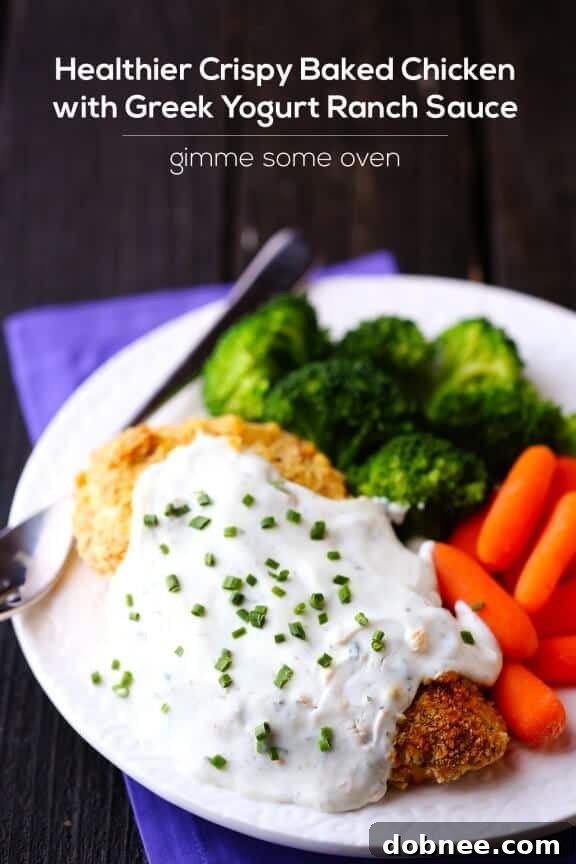 Healthier Crispy Baked Chicken with Greek Yogurt Ranch Sauce | gimmesomeoven.com