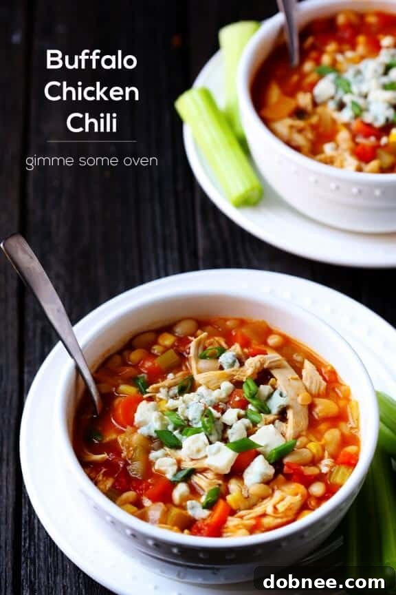 Another appealing shot of Buffalo Chicken Chili, emphasizing its rich texture