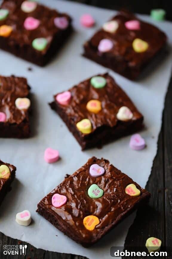 Stack of fudgy Conversation Heart Brownies ready to be served