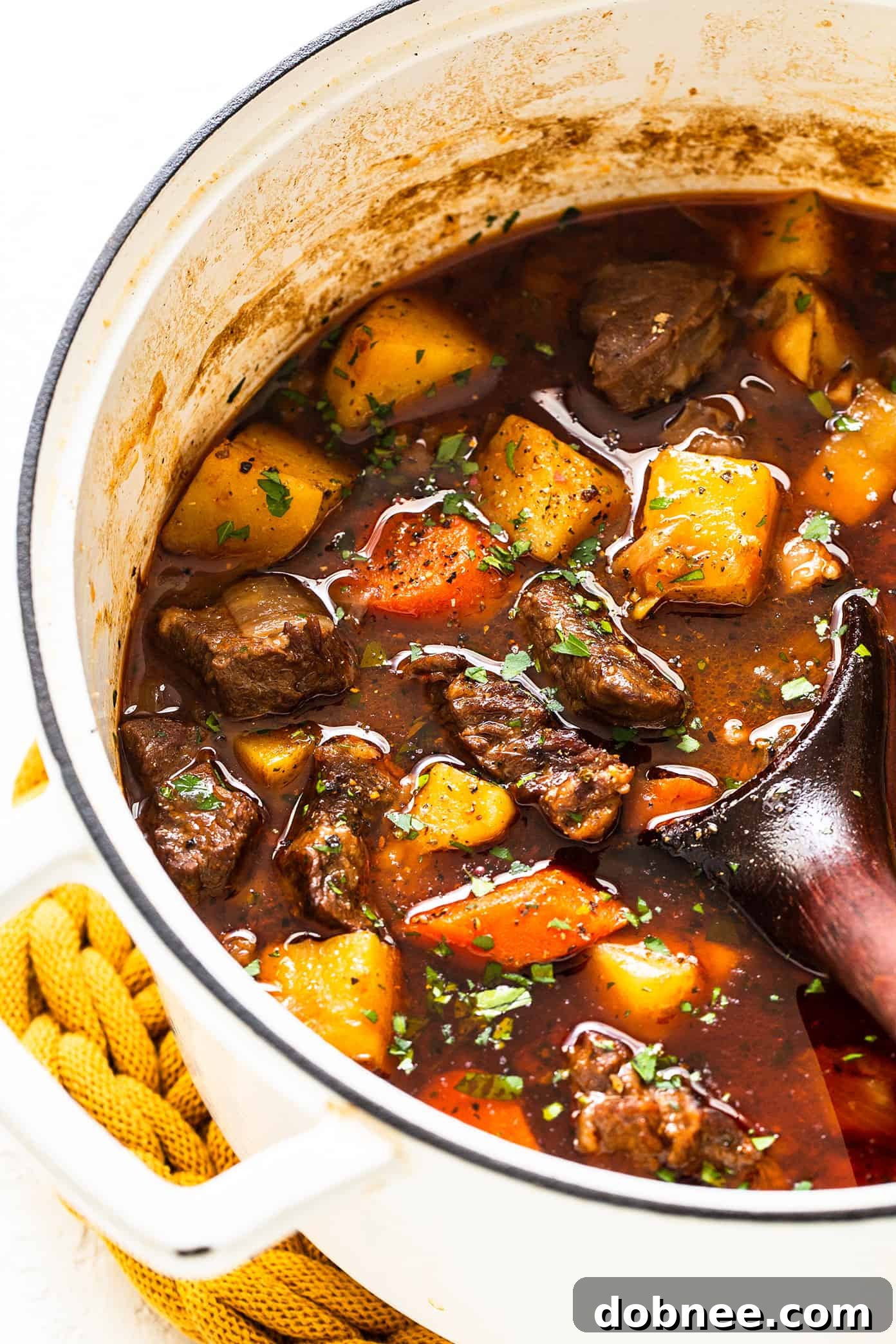 Guinness Beef Stew simmering in a Dutch oven