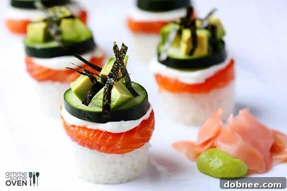 Close-up of freshly prepared Philadelphia Sushi Stacks