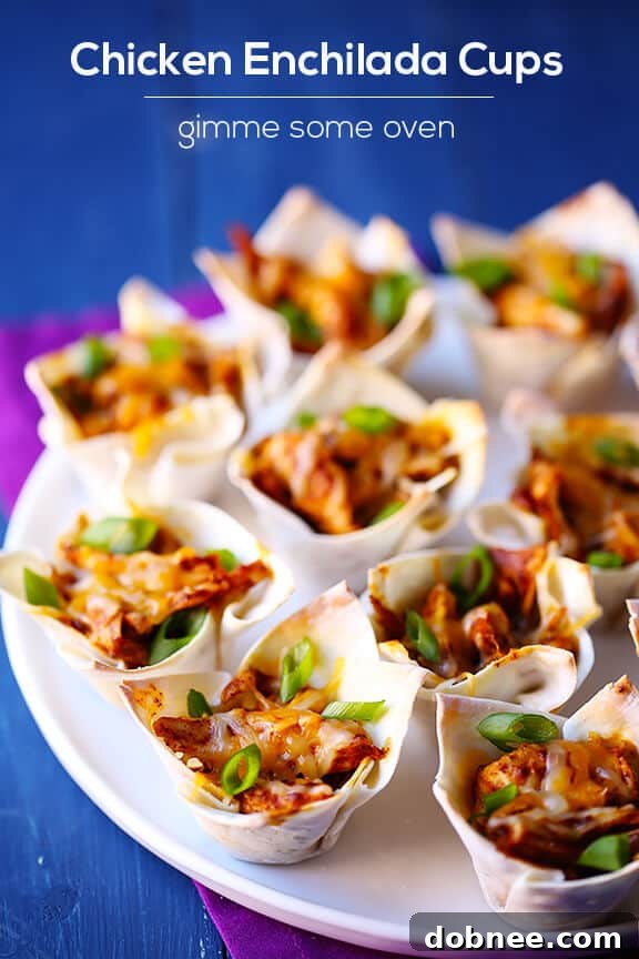 Overhead shot of chicken enchilada cups in a rustic setting