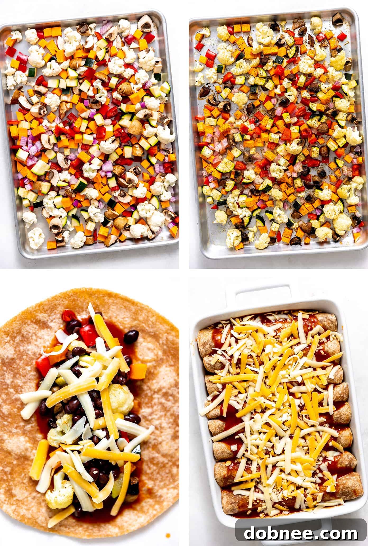 This Tex-Mex-inspired roasted vegetable enchiladas recipe is easy to customize with your choice of veggies, beans, cheese. Always a delicious vegetarian dinner recipe! | gimmesomeoven.com Step by step photos showing how to make roasted veggie enchiladas