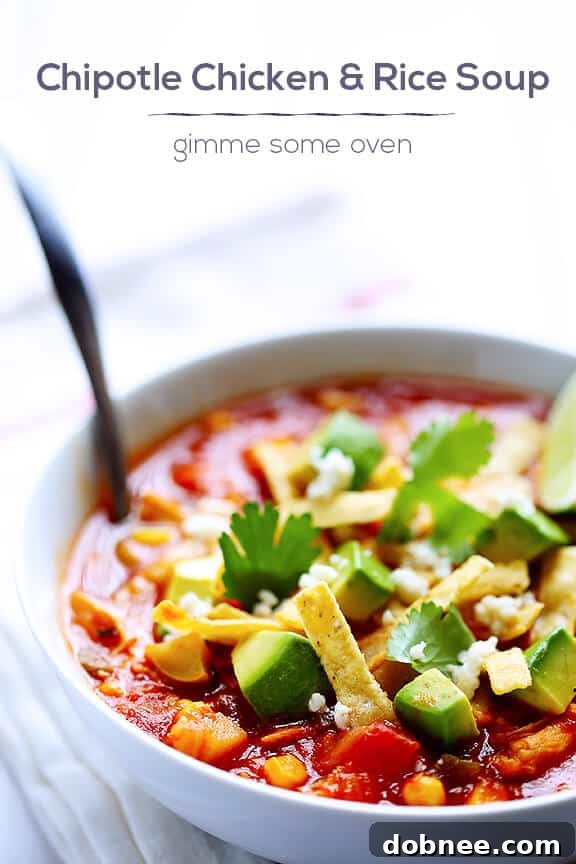 A beautifully presented bowl of Chipotle Chicken and Rice Soup with various garnishes ready to eat