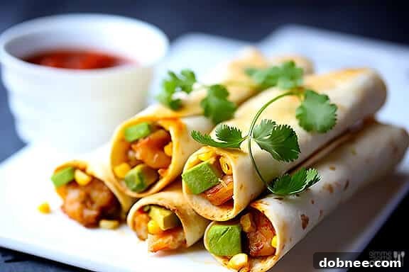 Delicious baked shrimp, avocado, and roasted corn taquitos arranged on a plate, ready to be served as a healthy and flavorful appetizer or light meal.