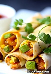 Shrimp, Avocado and Roasted Corn Baked Taquitos, a delightful and healthy appetizer.