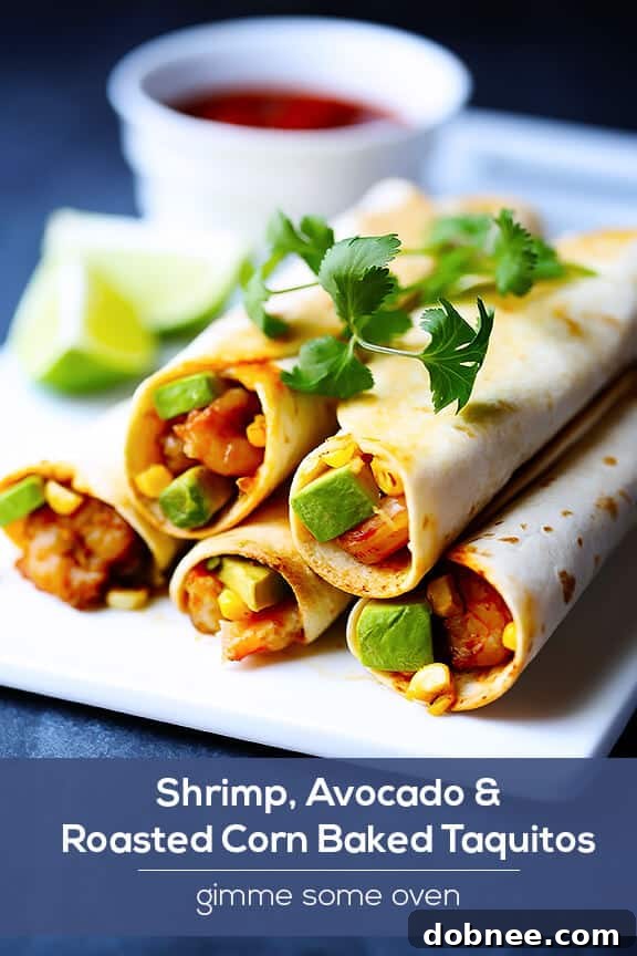 A serving of crispy baked taquitos, highlighting the vibrant colors of the shrimp, avocado, and roasted corn filling.
