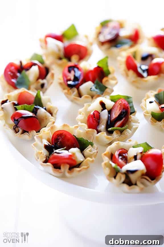 Close-up of freshly made Caprese Phyllo Cups
