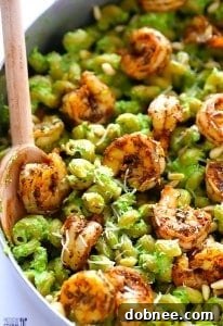 Asparagus-Spinach Pesto Pasta with Blackened Shrimp recipe card image.