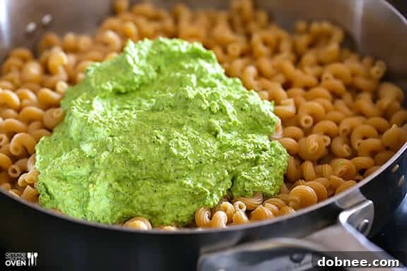 Adding Pesto to Pasta Asparagus-spinach pesto being added to freshly cooked pasta.