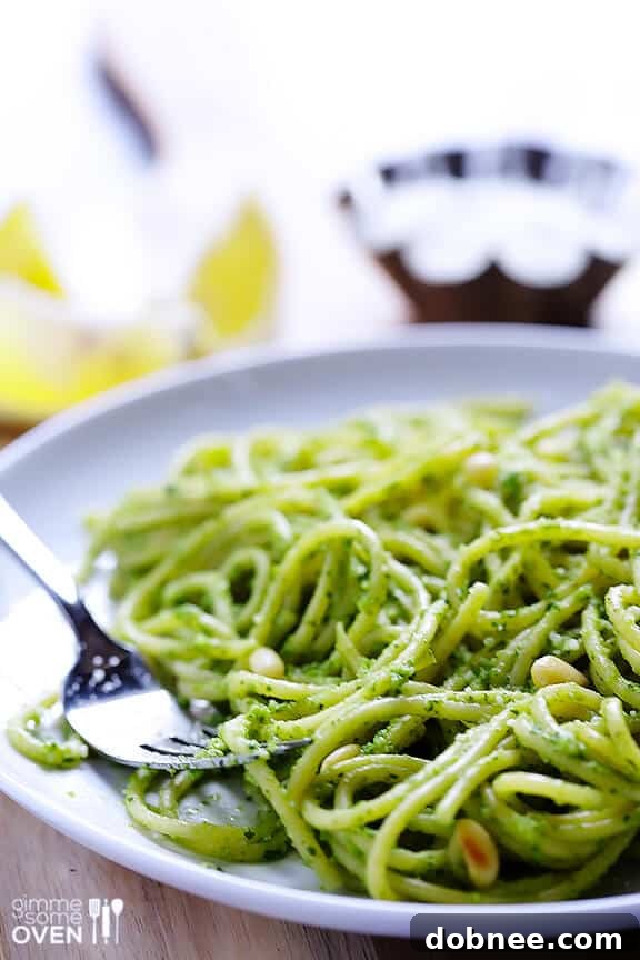 Arugula Pesto Pasta with a vibrant green sauce