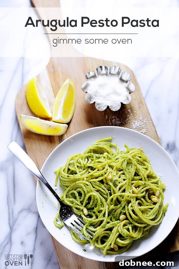 Arugula Pesto Pasta, beautifully presented on a plate