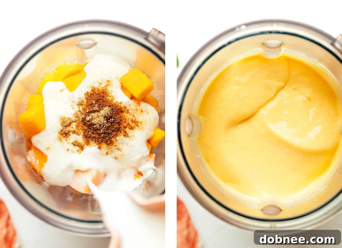 Overhead shot of mango lassi glasses with fresh mango slices and mint leaves