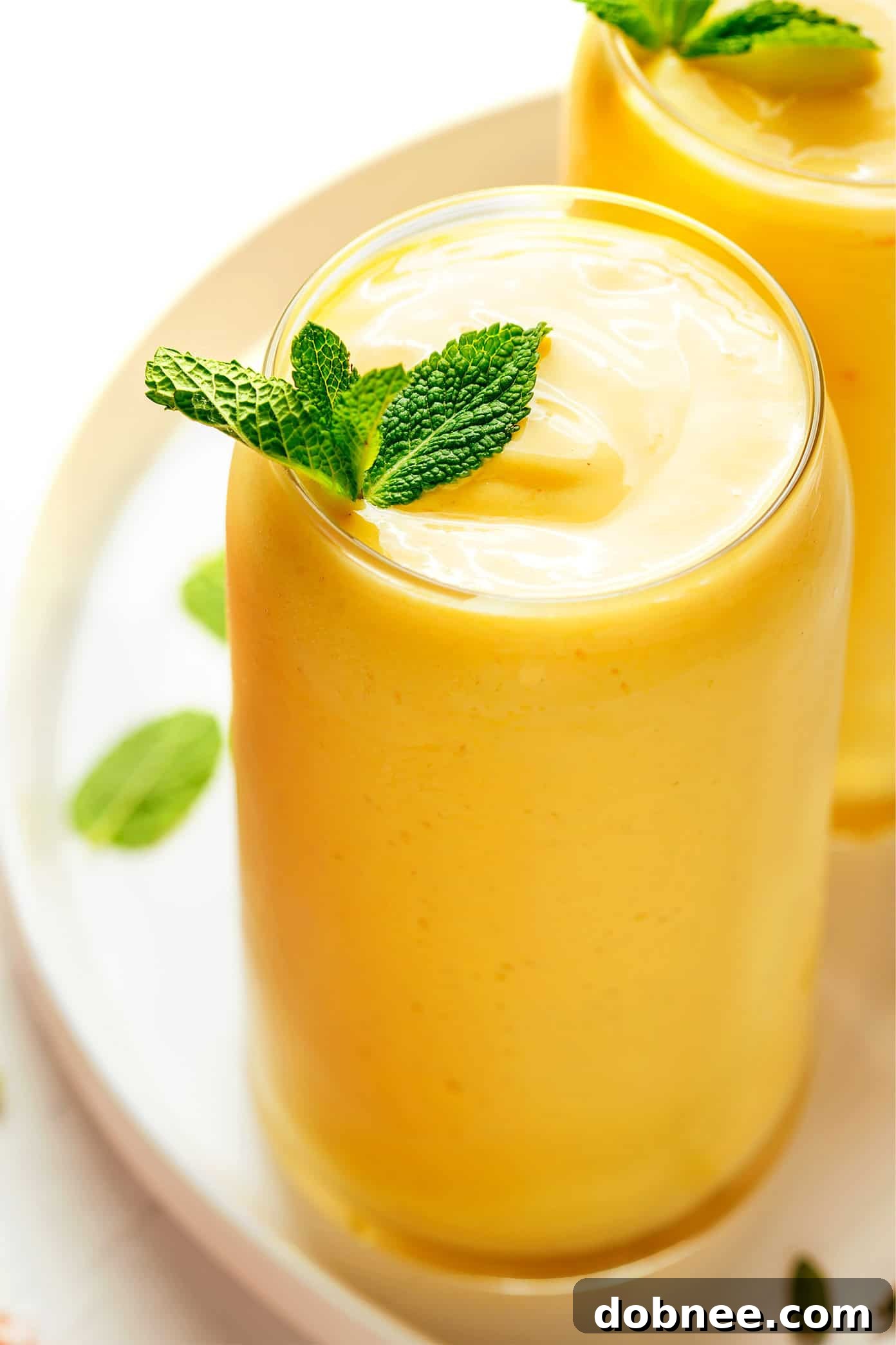 Artfully arranged mango lassi, garnished with mint and mango cubes