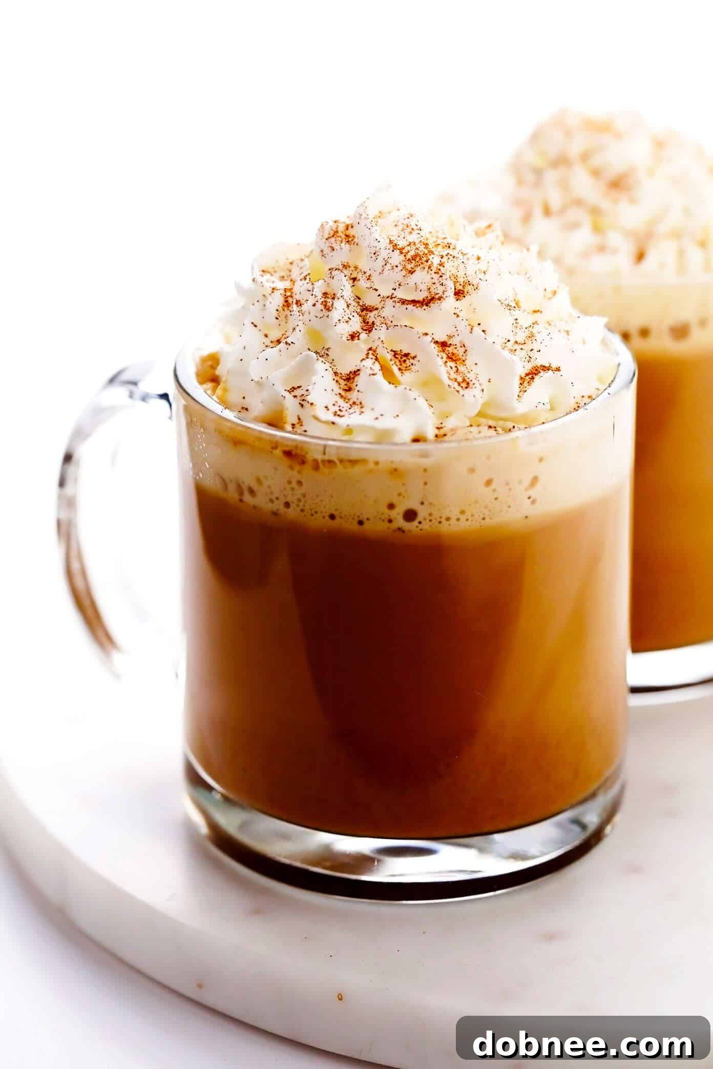 A beautifully garnished homemade pumpkin spice latte with whipped cream and a sprinkle of pumpkin pie spice on top