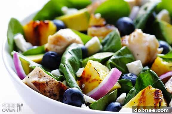 Another mouthwatering shot of the Grilled Pineapple, Chicken & Avocado Salad