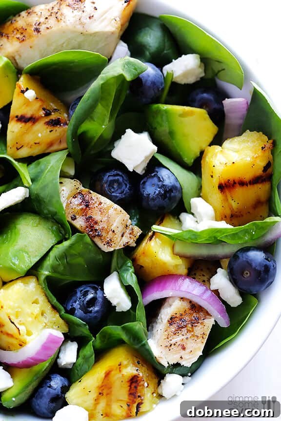 Fresh ingredients laid out for the Grilled Pineapple, Chicken & Avocado Salad