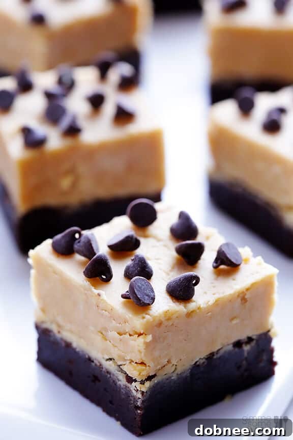 A close-up of a pan of Peanut Butter Fudge Brownies before cutting