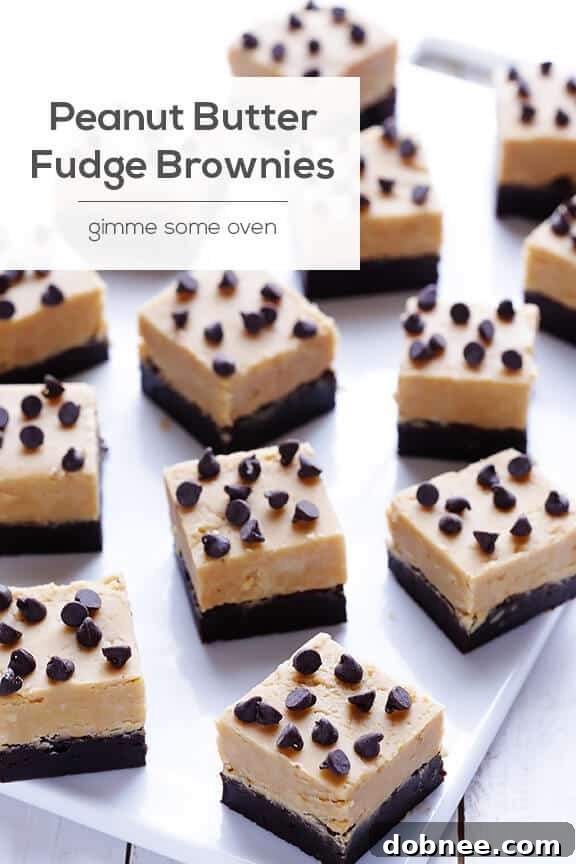 Stacked squares of Peanut Butter Fudge Brownies on a plate