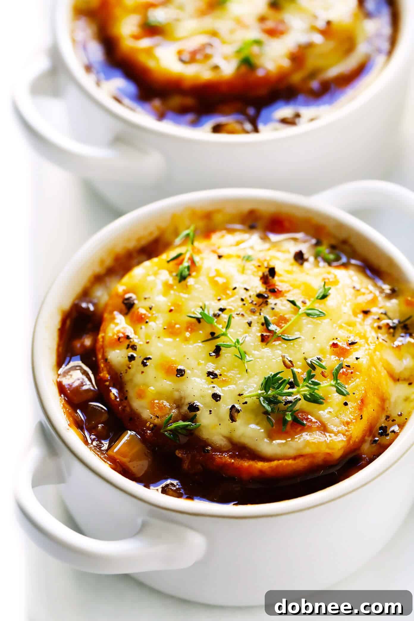 BEST French Onion Soup Recipe, garnished and ready to eat