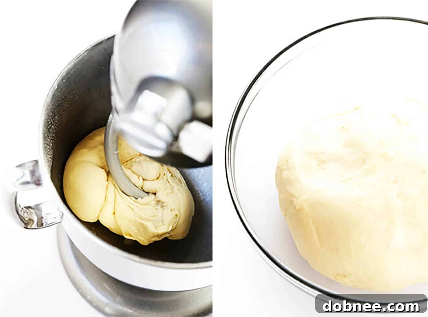Close-up of fluffy cinnamon roll dough being rolled out for the sweet filling