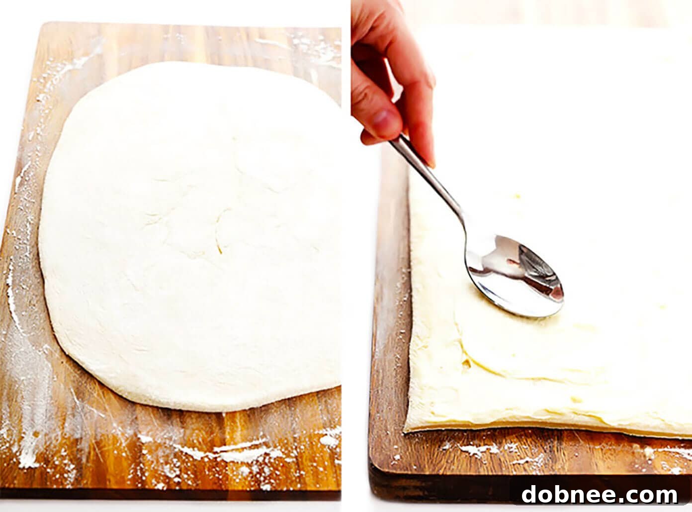 Spreading softened butter evenly over the rolled cinnamon roll dough