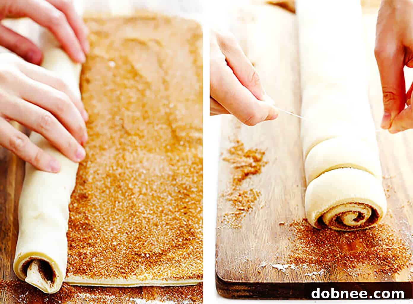 Tightly rolling the cinnamon roll dough from edge to create perfect swirls