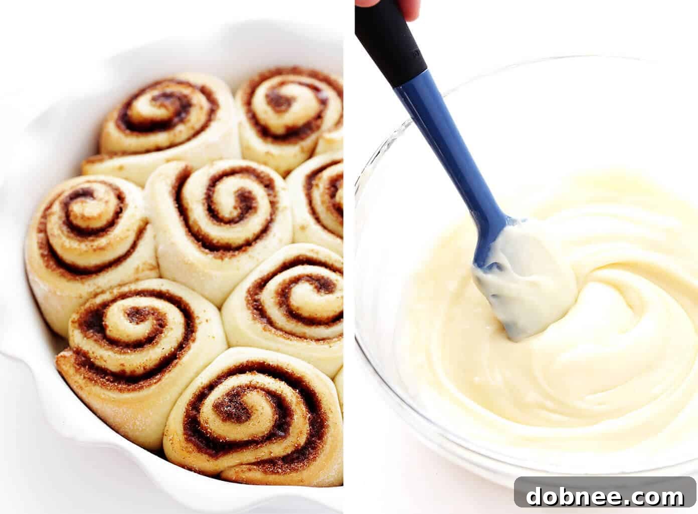 Cutting the rolled cinnamon roll dough into individual portions with dental floss for clean edges