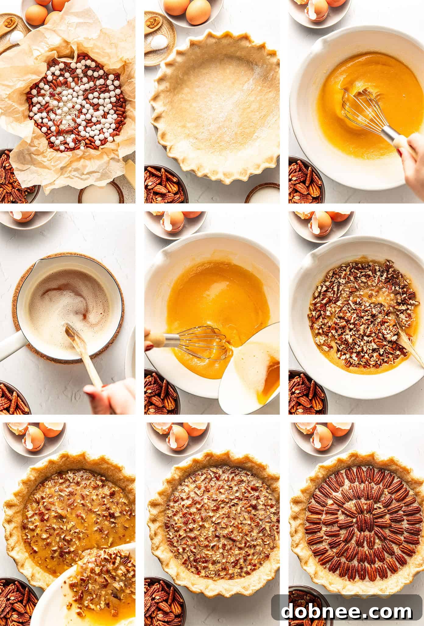 A close-up of a slice of pecan pie with a rich, gooey filling and crunchy pecans.