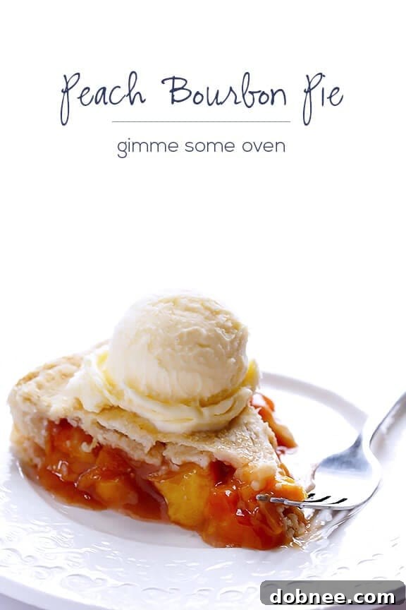 A slice of Peach Bourbon Pie on a plate with a fork