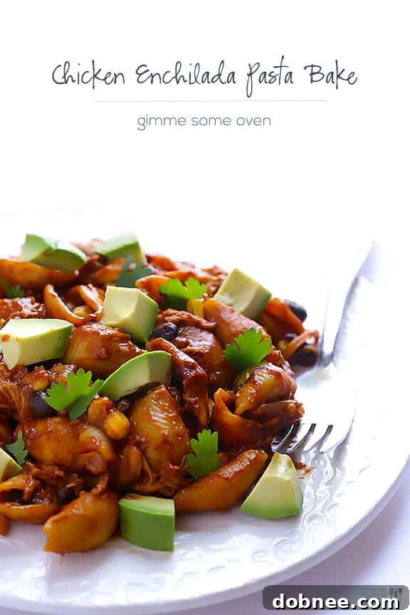 Another angle of the Chicken Enchilada Pasta Bake, highlighting its cheesy texture and delicious blend of flavors