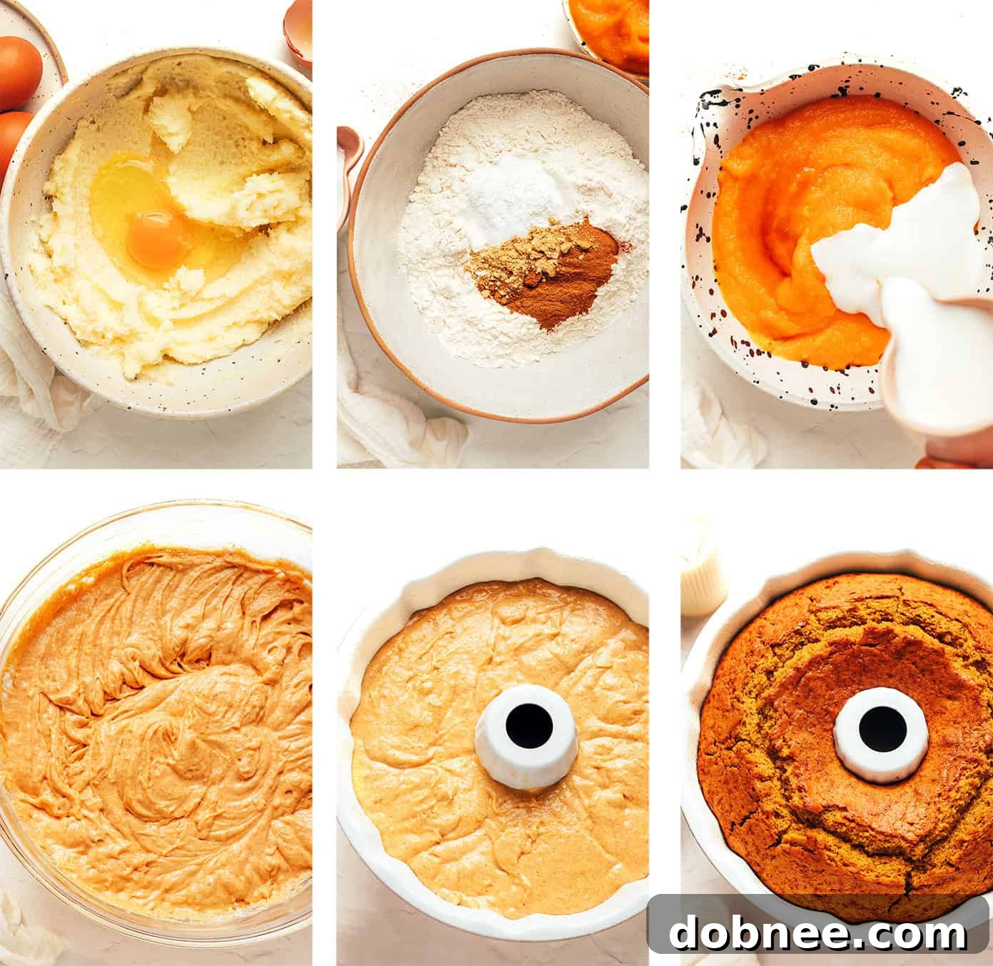 Step-by-step process of making the pumpkin cake from mixing to baking