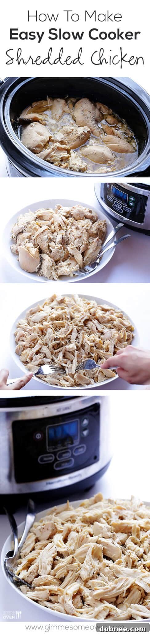 Easy Slow Cooker Shredded Chicken - Another angle of the tender, perfectly cooked chicken.