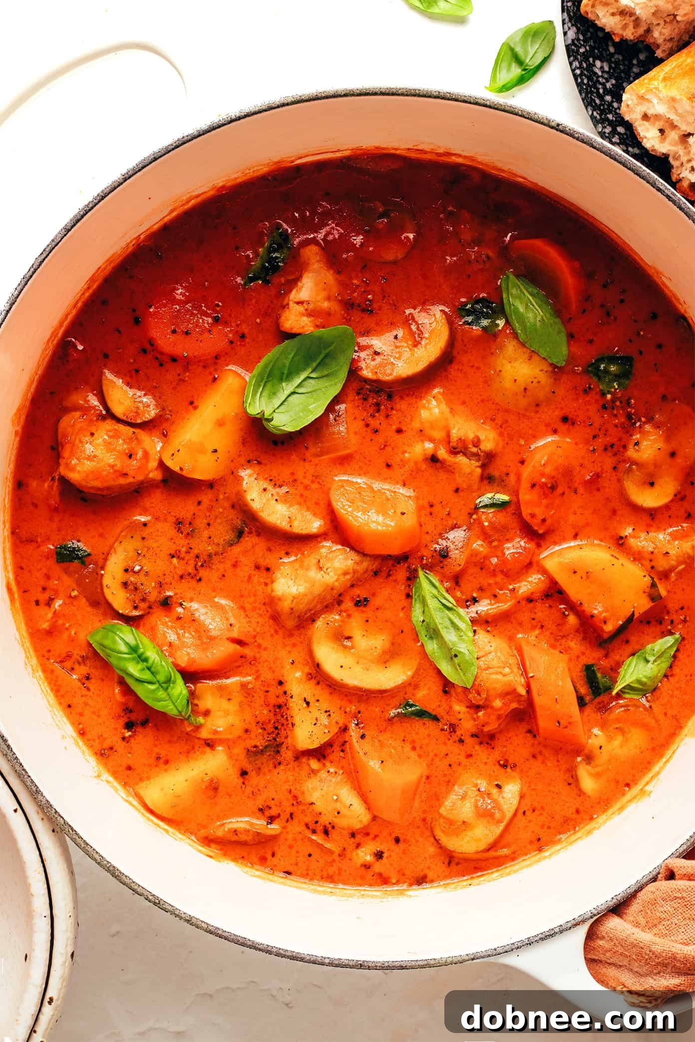 Mediterranean Chicken Tomato Basil Stew 6 Tomato basil chicken stew simmering in a large Dutch oven