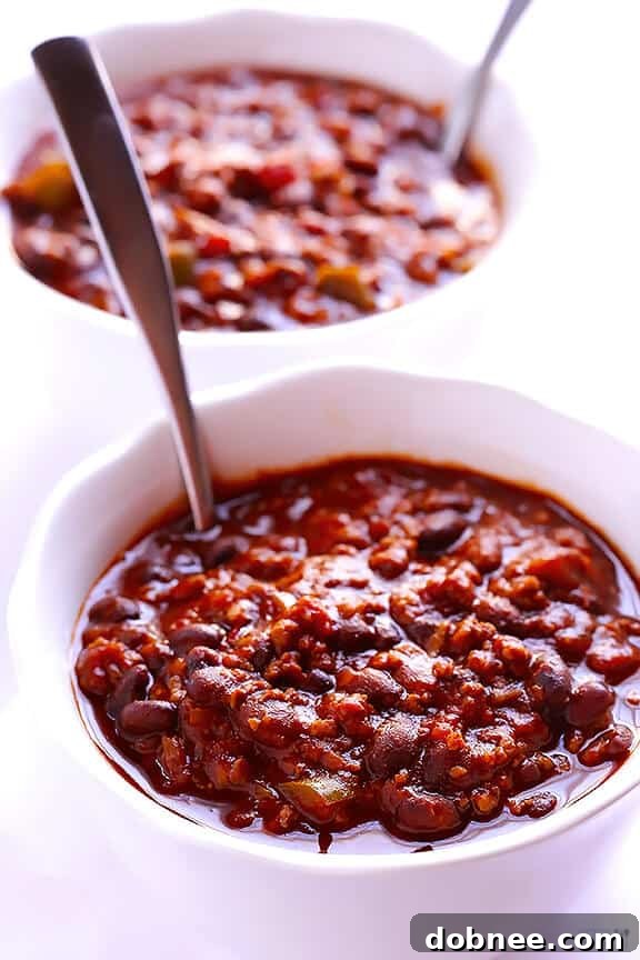 Overhead shot of a pot of 5-Ingredient Easy Chili simmering on the stove