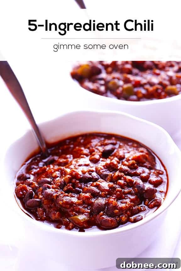 A serving of 5-Ingredient Easy Chili in a bowl with a spoon, ready to eat