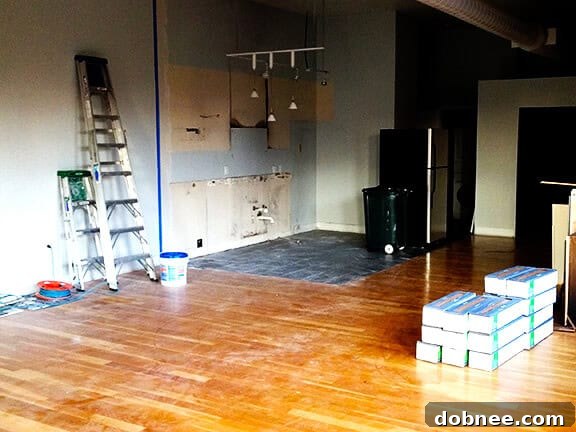 Demolished kitchen space, ready for renovation in Kansas City loft.